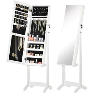 HOMCOM Specchio Portagioie, Armadietto Portagioie con Angolo Regolabile, Organizer per Anelli, Collane, Orecchini, Chiusura con Chiave, per Camera da Letto, Soggiorno, 46x36.5x151.5cm, Bianco
