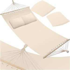 tectake® Amaca per Due Persone, Barra in Legno, Con 2 Cuscini Morbidi, Comoda e Resistente, Arredamento Esterno, Campeggio, Escursioni, Balcone, Beige, Capacità 240 kg - Beige
