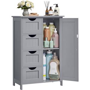 VASAGLE Mobile da Bagno, Mobiletto per Bagno Stretto, Organizzatore, Cassettiera, con 4 Cassetti, Anta, Ripiano Regolabile, 30 x 55 x 82 cm, Grigio Tortora LHC041P36