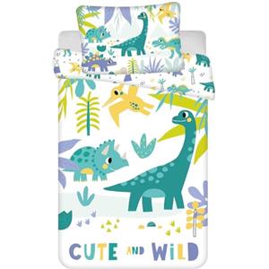 Jerry Fabrics Biancheria da letto per bambini con dinosauro triceratopo Brachiosaurus Pterodactylus T-Rex Stegosaurus, copripiumino 100 x 135 + cuscino 40 x 60 cm, 100% cotone