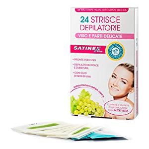 Satinex, 24 Strisce Depilatorie Viso e Parti Delicate, Strisce Depilatorie Pronte per L'Uso con Olio di Semi di Uva, Depilazione Donna, Confezione con 2 Salviette Post Depilazione con Aloe Vera