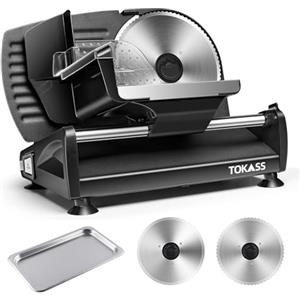 TOKASS 200 Watt Affettatrice elettrica da in acciaio inox, per Uso Domestico con 2 Pezzi Lame in Acciaio Inox da 7,5'', Taglia Salumi Elettrico, ad Alto Spessore per Carne, Formaggio, Pane