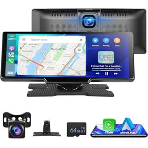 Podofo 9,3 Pollici Portatile Autoradio da 2.5K Dual Dash Cam con Schermo Android Auto Wireless A-pple Carplay, 7-32V Touch Screen con Assistente Vocale/Bluetooth/FM Trasmettitore/AUX/64G TF Card