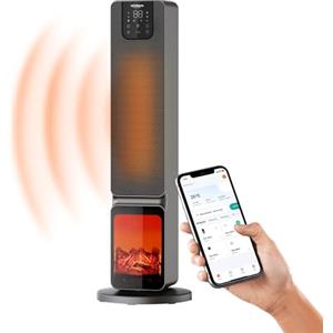 Wintem Stufa a Torre con Effetto fiamma e Controllo da Smartphone con App Caminetto Elettrico Doppia Potenza 800/2000W Display a LED con Telecomando