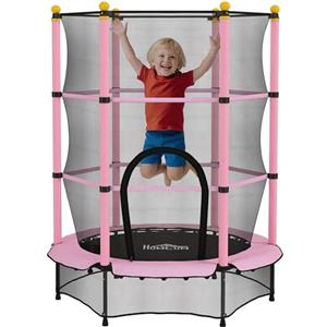 HOMCOM Trampolino Elastico per Bambini con Rete di Sicurezza e Pali Imbottiti, Tappeto Elastico Bambini in Acciaio per Interno ed Esterno, Età 3-10 Anni, Ø140 x 190 cm, Rosa e Nero
