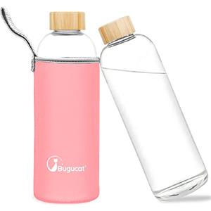 Bugucat Borraccia in Vetro 1000ML, Portatile Bottiglia d'Acqua Bottiglia Vetro Trasparente con Custodia Protettiva, Bottiglia Sportiva Borosilicato a Prova di Perdite per Bevande Calde e Fredde