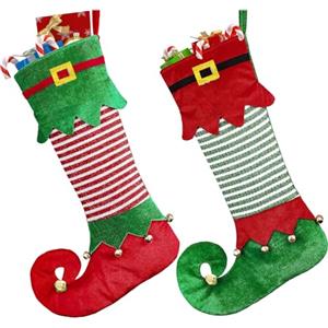 HBWHNIU 2 Calze Natalizie, Calza di Natale da Feltro a Strisce Rosse e Verdi, Sacchetti Regalo di Natale, Decorazione Natalizia, Calze Natalizie da Appendere, per Decorazioni Camino, Vetrina, Albero di Natale