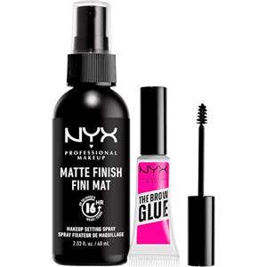 NYX Professional Makeup Spray Fissante Trucco Matte Finish No Transfer Lunga Tenuta 16h 60ml + The Brow Glue Gel Sopracciglia Trasparente Istantaneo Effetto Laminazione 5g - Set da 2