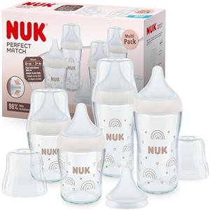 NUK Set biberon vetro Perfect Match | 6+ mesi | Si adatta al palato | Controllo temperatura | 4 biberon anti-colica e tettarella extra in silicone | 120 ml e 230 ml | Senza BPA | Arcobaleno | 5 pz