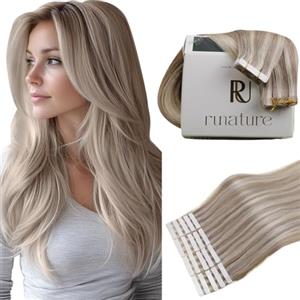 RUNATURE Extension Capelli Veri Biadesivo Biondo Highlight 30cm 20 Pezzi Extension Adesive Capelli Veri Biondo Dorato Misto Grigio Biondo Invisible Tape in Extension Human Hair 30g #19P60