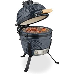 Relaxdays Barbecue a Carbonella Stile Kamado, Griglia Ø 26 cm in Ceramica, BBQ Carbone da Esterno Termometro 450°C