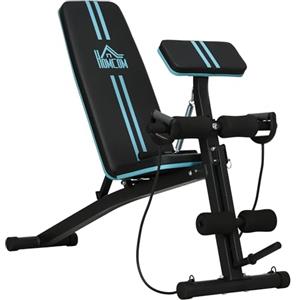 HOMCOM Panca Palestra Pieghevole, Panca Addominali Multifunzione Inclinabile con Schienale Regolabile a 7 Livelli, Macchina Leg Extension, Cuscinetto, Banda di Resistenza, per Allenamento Casa, Blu