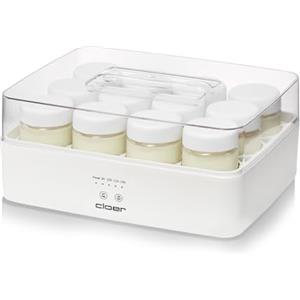 Cloer 9921 Yogurtiera per 12 vasetti, ciascuno da 150 ml di capacità, per yogurt e colture di fermentazione, timer, 8-14 ore, corpo in plastica bianca, 17 W, coperchio trasparente