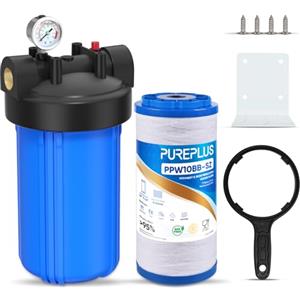 PUREPLUS - Filtro per l'acqua a stadio singolo per tutta la casa, con filtro per la riduzione di ferro e manganese, per acqua di pozzo, alloggiamento universale da 25,4 x 11,4 cm