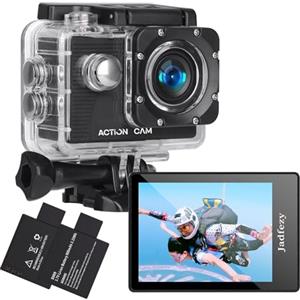 Jadfezy Action Camera 1080P 30fps, Fotocamera Subacquea impermeabile 30M, Sports Cam con due 900mAh Batterie Ricaricabili e Kit Accessori (FHD 1080P)