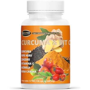 Hyper Curcuma & Vit C - Curcuma + Zenzero + Pepe Nero + Vitamina C - Alto dosaggio Piperina e Curcumina - Antinfiammatorio e Antiossidante Naturale - Integratore Turmeric 100% Vegano - 130 compresse