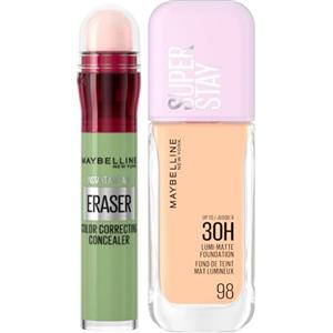 Maybelline New York SuperStay Lumi Matte Fondotinta Lunga Durata Waterproof Colore 98 + Il Cancella Età Correttore Liquido per per Copertura Rossori e Macchie Scure Colore Green - Set da 2