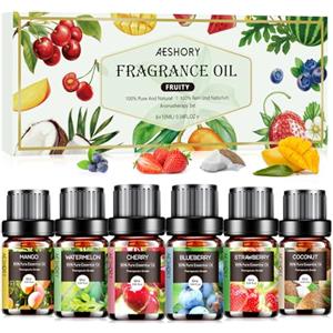 AESHORY Fruttato Oli Essenziali per Diffusori 6 x 10ML, Set di Olio Essenziale Naturale Puri al 100% per Aromaterapia, SPA, Massaggio, Bagno - Fragola, Mirtillo, Ciliegia, Cocco, Anguria, Mango