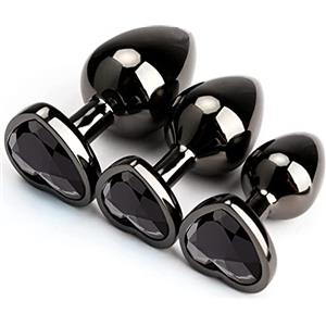 Solo Sexxy Set di 3 giocattoli anali in metallo di lusso a forma di cuore, kit di plug anali con punto G, per adulti, plug anali gay per donne, uomini, regali sessuali per coppie grandi/medio/piccolo (nero)