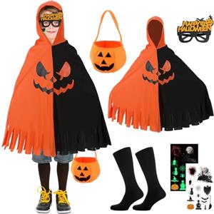 Zophlly Costume da zucca per bambini, mantello fantasma, mantello con cappello, costume da strega arancione per cosplay