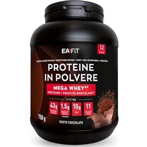 Eafit Proteine Whey Mega Whey EAFIT 750g, 100% Proteine in Polvere del Siero del Latte Istantaneo, Cioccolato, BCAA, Creatina, Aminoacidi Enzimi Digestivi, Massa Muscolare, Assorbimento Rapido, Whey Protein