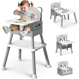 COOSEYA 6 in 1 Seggiolone Papa per Neonati e Bambini, Seggiolone Evolutivo da Neonato a Bambino, Sedia Multiuso con Vassoio Rimovibile e Cintura di Sicurezza a 5 Punti, Grigio (6 Mesi - 3 Anni)