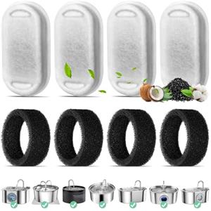 Mukkela Filtri Fontanella per Gatti, 4 Pezzi di Filtro a Carbone & 4 Pezzi di Filtro a Schiuma Filtri da fontana ad acqua gatto per 3.2L Fontana in Acciaio Inox Tripla Filtrazione Filtri di Ricambio