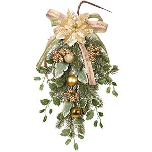 Generic Decorazioni per ghirlande Natalizie Grandi da 50 cm per Porta d'ingresso con Fiori di Natale Dorati Bacche e Fiocco Ghirlanda a Goccia Artificiale per Finestra Camino Decorazione della Parete della