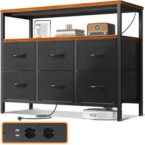 ODK Cassettiera Como Camera da Letto,con 2 Prese e 2 Porte di Ricarica USB,Contiene 6 Cassetti Grandi Cassettiera Cameretta,Comò Camera da Letto Cassettiere e Credenze Per Soggiorno,Marrone D'epoca