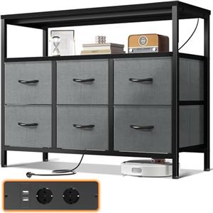ODK Cassettiera Como Camera da Letto,con 2 Prese e 2 Porte di Ricarica USB,Contiene 6 Cassetti Grandi Cassettiera Cameretta,Comò Camera da Letto Cassettiere e Credenze Per Soggiorno,Nero