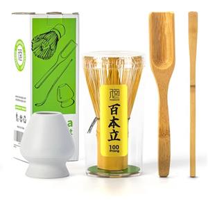 TEANAGOO Accessorio per la cerimonia del Matcha giapponese, frusta per Matcha (Chasen), misurino tradizionale (Chashaku), cucchiaio da tè, supporto per frusta bianco opaco,I3, il set perfetto per