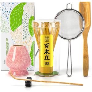 TEANAGOO Set di fruste Matcha, frusta Matcha (100 rebbi) con supporto rosa, set tradizionale da 6 pezzi, paletta (chashaku), cucchiaino da tè, chasen in bambù per fare latte, accessorio per cerimonie