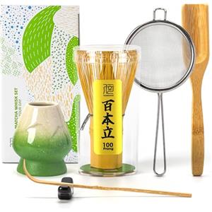 TEANAGOO Set di fruste Matcha (100 rebbi) con supporto verde, set tradizionale da 6 pezzi, paletta (chashaku), cucchiaino da tè, chasen in bambù per fare latte, accessorio per cerimonie, regalo per