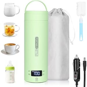 Dreamhigh® Bollitore Elettrico Piccolo, 450 ml Bollitore da Viaggio, 96W Bollitore Elettrico Portatile con Temperatura Regolabile per Tè Latte Caffè (45℃/ 55℃/ 80℃/ 100℃) (Auto (12V)) (Verde)