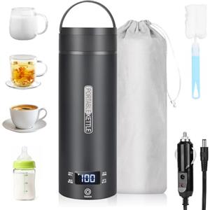 Dreamhigh® Bollitore Elettrico Piccolo, 450 ml Bollitore da Viaggio, 96W Bollitore Elettrico Portatile con Temperatura Regolabile per Tè Latte Caffè (45℃/ 55℃/ 80℃/ 100℃) (Auto (12V)) (Nero)