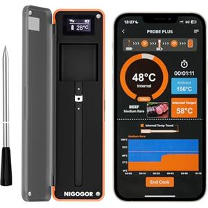 NIGOGOR Termometro Cucina, Monitoraggio Remoto fino a 130m con Lettura in Tempo Reale, Termometro per Alimenti, Impermeabile IPX7, Ricaricabile, Compatibile con iOS/Android, Ideale per BBQ, Forni, ecc