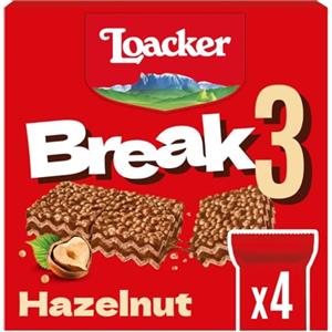 Loacker, Break3, Barrette con Crema alle Nocciole 100% Italiane e Ripieno di Friabili Cialde Crispies, Snack Croccante e Gustoso, Merenda e Snack, Confezione da 4 Barrette da 19g (76g)