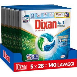 Dixan DISCS 4in1 Classico Detersivo Lavatrice, 5 confezioni da 28 Lavaggi, Capsule lavatrice per una pulizia profonda del bucato e freschezza igienica per lavatrice, Rimuove le macchie da 20°C