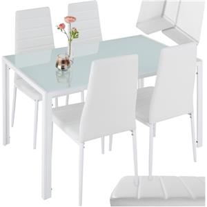 TecTake® Set di Mobili per Sala da Pranzo, 4 Sedie in Similpelle Resistente, Tavolo con Piano in Vetro, Design Moderno, Piedini SalvaPavimento, Ideale per Cucina e Soggiorno - Bianco