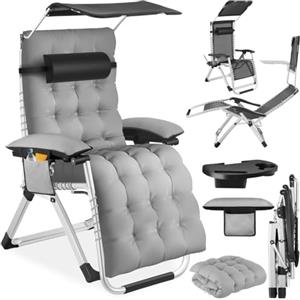 TecTake® Sdraio da Giardino, Sdraio Lettino Prendisole Richiudibile con Parasole, Sdraio Mare con Cuscino Poggiatesta, Tessuto Traspirante, Schienale Regolabile, Ripiano Portaoggetti - Grigio Chiaro