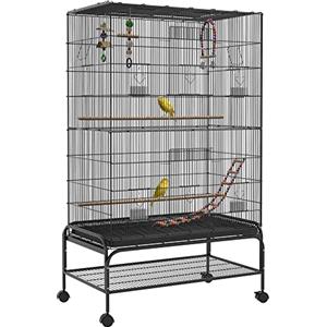 Pawhut Gabbia per uccelli, grande gabbia con ruote, mangiatoie, appendiabiti, ripiano inferiore, vassoio estraibile, voliera, altalena e scala per pappagalli, canarini, 97 x 58 x 160 cm, nero