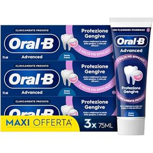 Oral-B Dentifricio Advanced Protezione Gengive 3x75ml, Dentifricio Oral B per Gengive Infiammate Clinicamente Provato, Pulizia Denti Efficace, Alito Fresco, Sapore Menta Piperita e Menta Verde