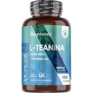 WeightWorld L Teanina 408mg, 180 Capsule Vegane, 1 al Giorno (6 Mesi di Scorta), L-Teanina Estratta dalla Camellia Sinensis con Pepe Nero e Vitamina B6, Aminoacido L Theanine da Tè Verde, Senza Magnesio Stearato