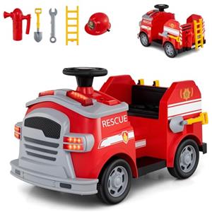 COSTWAY Macchina Elettrico per Bambini 12V, Auto Cavalcabile con Pala, Estintore, Scala, Casco di Sicurezza, 4 Ruote, Sirena e Clacson, Camion Realistico dei Pompieri per Bambini 3-8 Anni (Rosso)