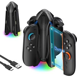 ALAFLY Dock di Ricarica per Nintendo Switch 2 Joy-Con Controller, 4 in 1 Caricabatterie Magnetico Bidirezionale con Indicatori LED, Cavo USB-Type-C incluso Supporto Modalità TV, Nero