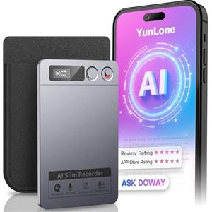 YunLone Registratore vocale con intelligenza artificiale, trascrivi e riepiloga con tecnologia AI, controllo tramite app, supporta 152 lingue, custodia magnetica, memoria 64 GB, registratore audio per lezioni