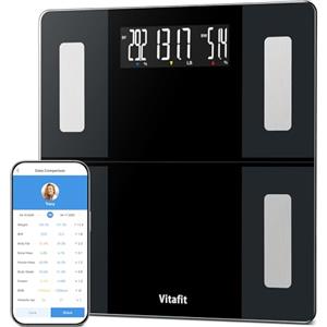 Vitafit Bilancia Pesapersone Digitale, Elevata Precisione Assicurato Dalla Fabbrica Professionale DAL 2001, Smart Bilancia Impedenziometrica Dotata di 13 Misurazioni BMI, Grasso corporeo, 250kg, Nero