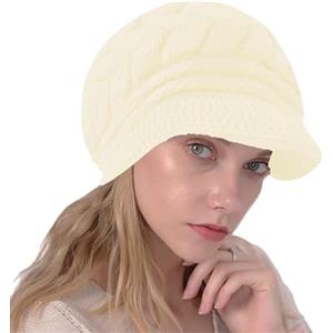 NLAND Cappello Donna Invernale Elegante Berretto in Maglia con Fodera in Pile Morbido Caldo Basco con Visiera(Beige)