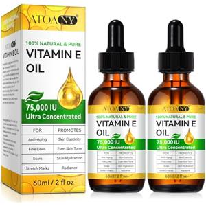 ATOANY Olio di Vitamina E 75.000 UI Confezione da 2, Vitamin E Oil puro al 100% per Pelle, Viso, Capelli, Corpo, Antiossidante Naturale per Secchezza, Rughe, Cicatrici e Smagliature, Idratante e Rassodante
