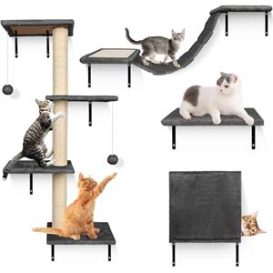 Masthome Mobili da Parete per Gatti, Masthome Set di 4 Scaffale da Parete per Arrampicata per Gatto, con Tiragraffi, Scala, Casetta e Posatoi, Mensole Gatti da Parete per Dormire e Giocare, Grigio